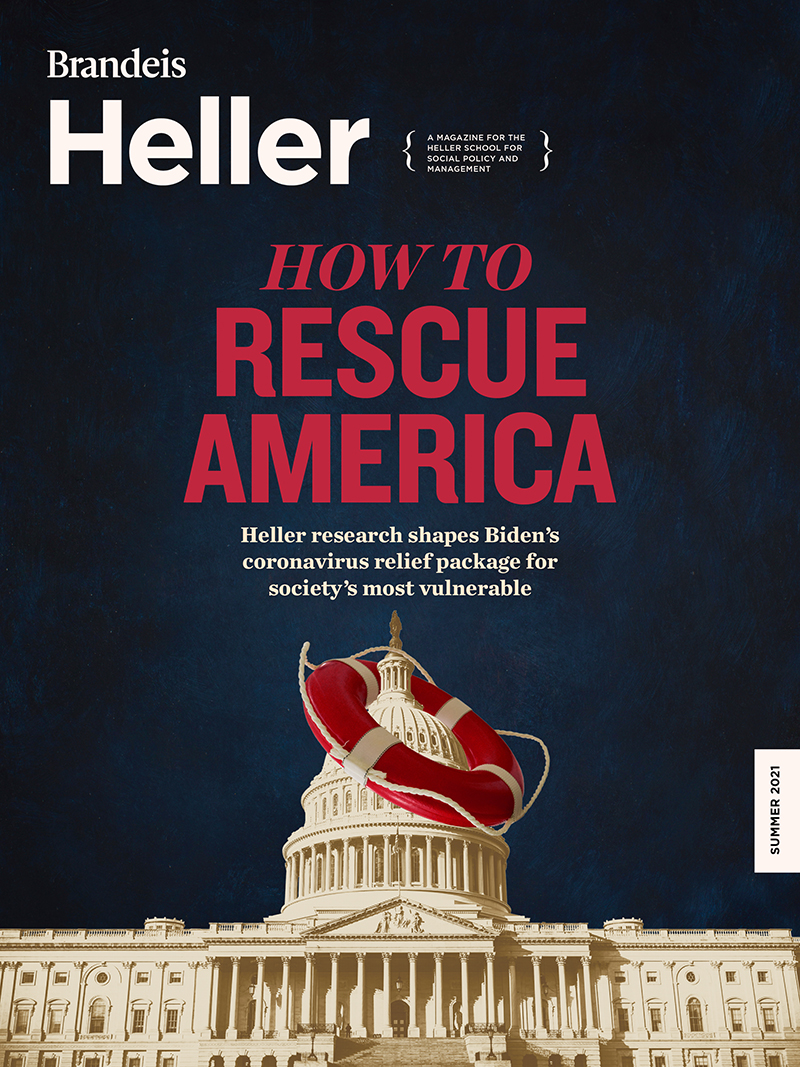Summer 2021 Heller Magazine Cover: "How to Rescue America: Heller research shapes Biden's coronavirus rescue package for society's most vulnerable" and image of Capitol building with red life preserver draped over it against a dark blue background